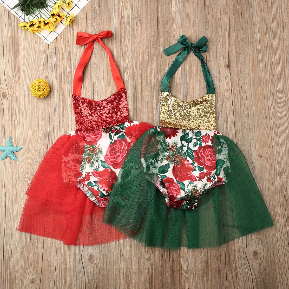 

0-2T Kids Baby Girls Christmas Bodysuit Dress Infant Party Sequin Clothes Xmas Halter Floral Tulle Tutu Outfit Girls Costume