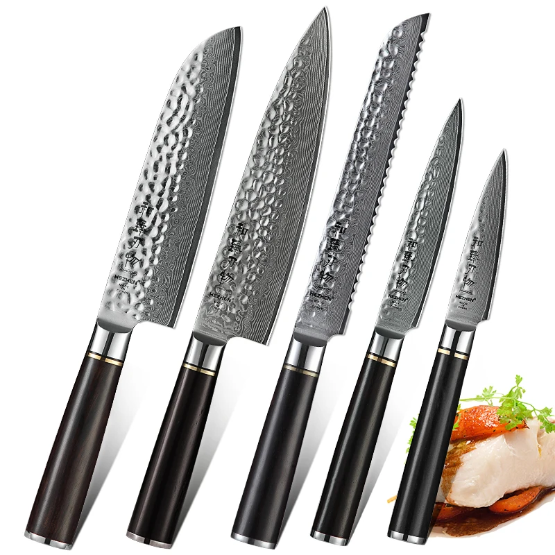 HEZHEN набор кухонных ножей из дамасской стали 5 шт. острые кухонные ножи Santoku нож для