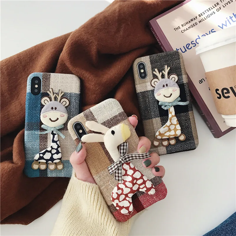 

winter plaid check grid cartoon 3d deer flannelette mobile phone case cover for iphone xs max 7 8 plus xr 6s BIA722