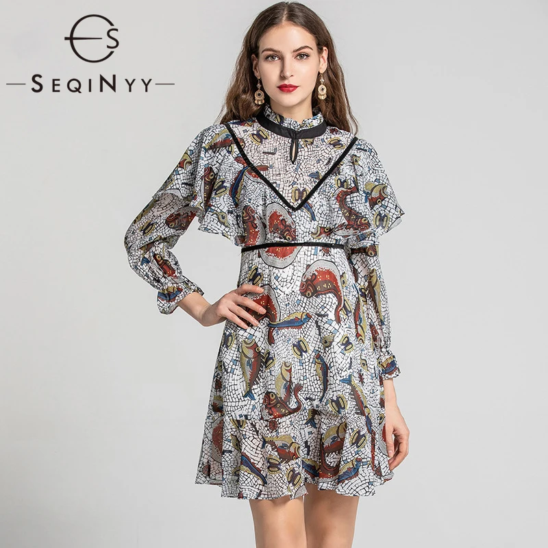 

SEQINYY Chiffon Dress 2020 Summer Spring New Fashion Design Women Ruffles Printed Cartoon A-line Mini Dress