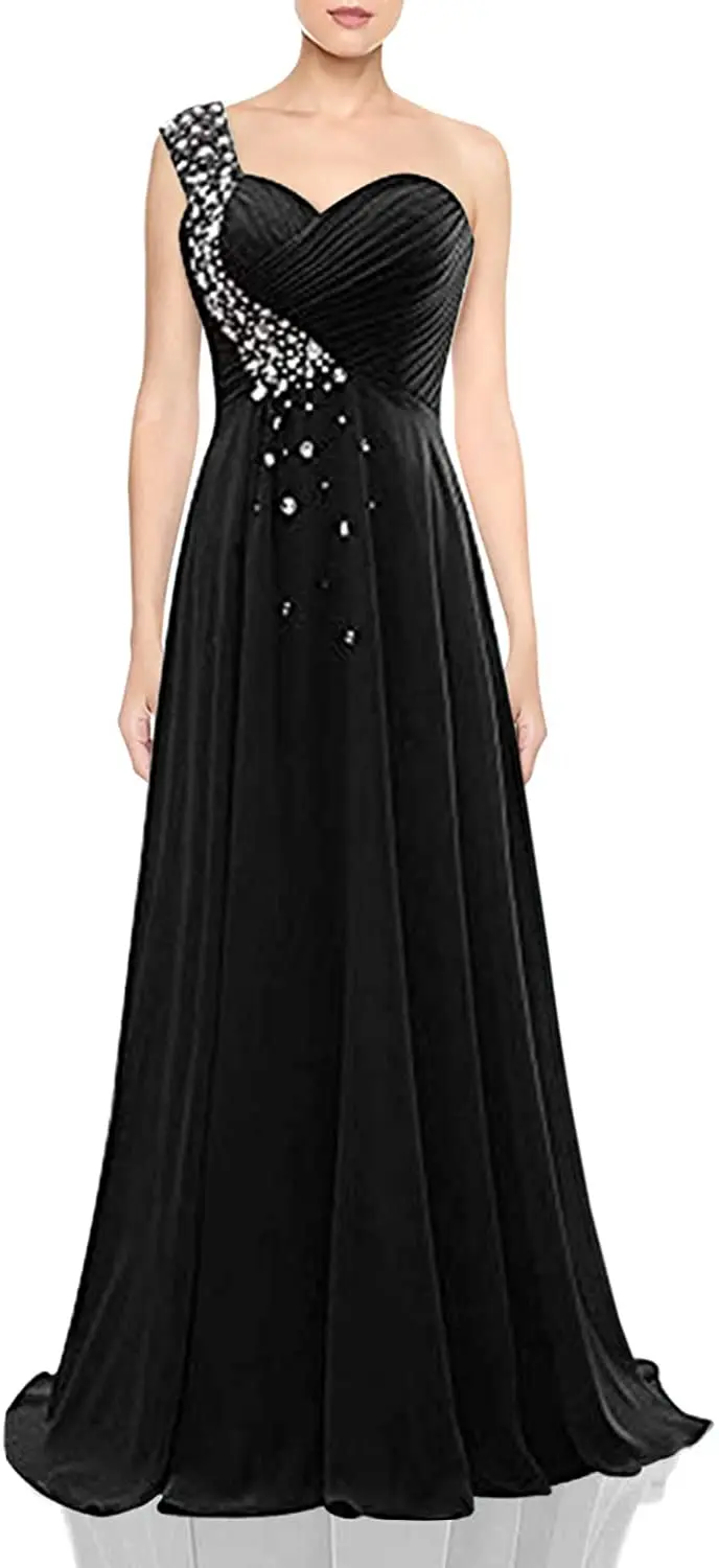 Women's One Shoulder Black Girls Floor-Length Evening Formal Prom Dresses Long 2022 Luxury prom & dance dresses