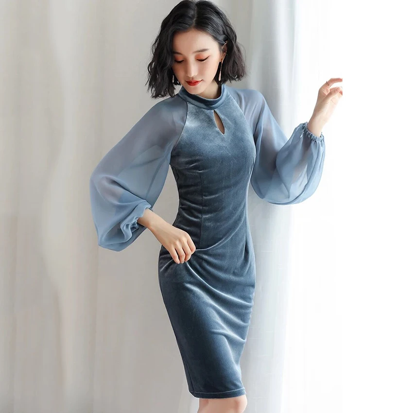 Women's Velvet Lantern Sleeve Office Party Dress - Elegant Runway Dresses image 2