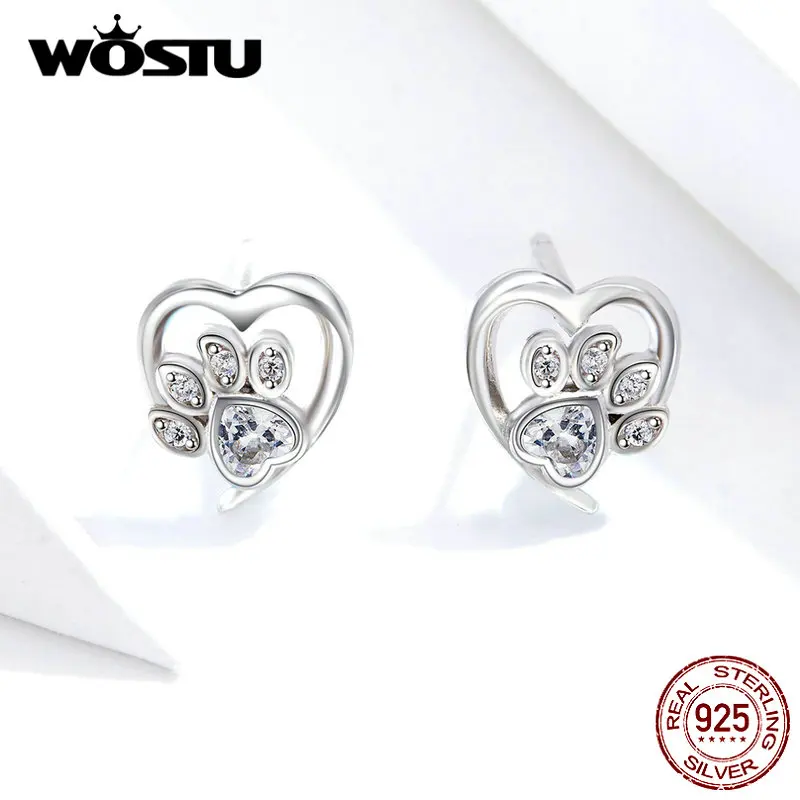 WOSTU 925 пробы, серебряные серьги-гвоздики в форме лапы собаки, сердца для женщин, стильные милые маленькие серьги с цирконием, ювелирные изделия, FIE654-WH