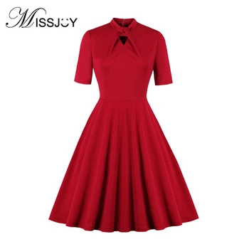 

MISSJOY Sexy Women Dresses Red Solid Color Vintage Knee-Length Hollow Out Party Retro Elegant Ladies High Waist Female Knot 2019