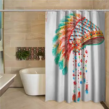 

American Hotel Quality Polyester Shower Curtain Watercolor Tribal Native Chief Headdress with Feathers Beads Arrow Figures Print