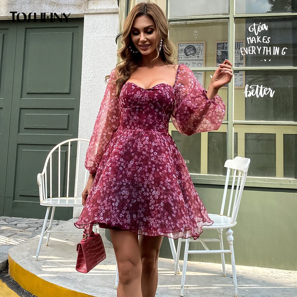 Tosheiny Bohemia A Line Mini Dresses Women Puffles Long Sleeve Floral Print Backless Beachwear Short Party Dress M01196
