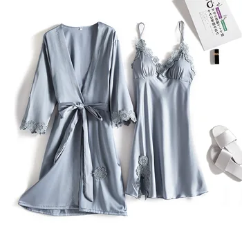 

Summer Women Nightdress Sets 2 Pcs Bathrobe With Chest Pad Female Satin Kimono Sexy Robe & Gown Set Lace Night Dress Sleepwear