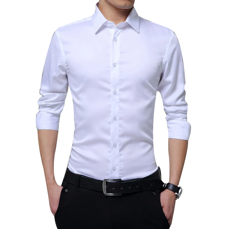 Популярные мужские рубашки с длинными рукавами облегающие однотонные рубашки для бизнеса, торжественных случаев на осень BVN66 - Цвет: white