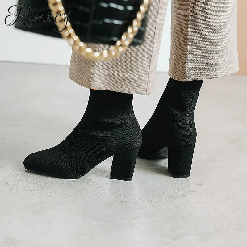 Skup Rimocy dzianinowe buty 2019 wiosna modna skarpeta buty damskie kwadratowe wysokie obcasy buty kobieta do połowy łydki botines mujer slip on botas