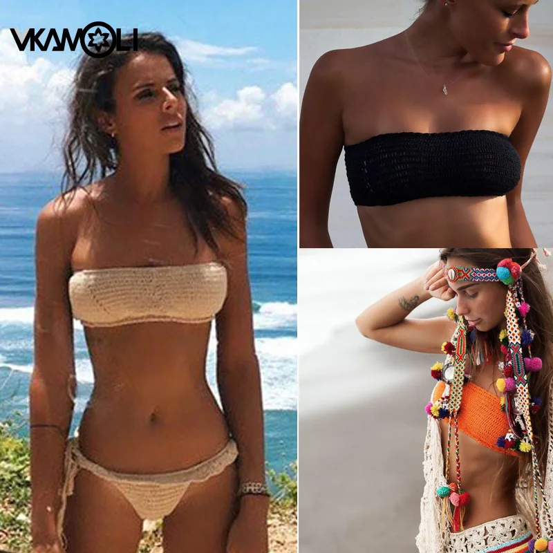 

vkamoli Knitting Brazilian Bikini Set Sexy Crochet Bikini Push Up Bandage Swimsuit Solid Handmade Swimwear Women white swimwear