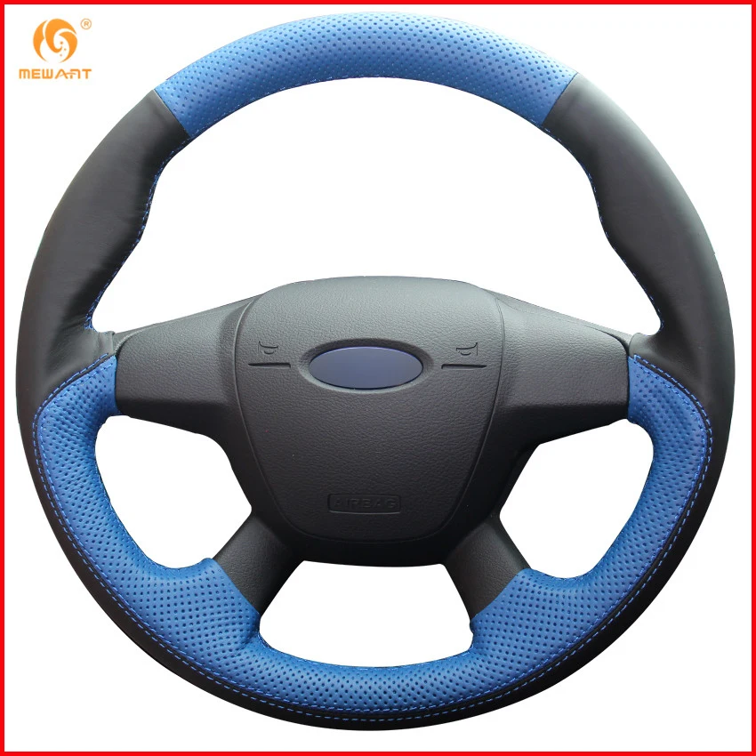 Mewant Black Blue Genuine Leather Car Steering Wheel Cover For Ford
