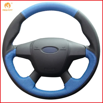 

MEWANT Black Blue Genuine Leather Car Steering Wheel Cover for Ford Focus 3 2012-2014 KUGA Escape 2013-2016 Accessories Parts