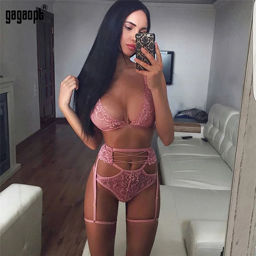 

Gagaopt Sexy Lingerie Women Lace Open Bra Set G-String Underwear Nightwear Bra & Brief 3 Pcs Sets