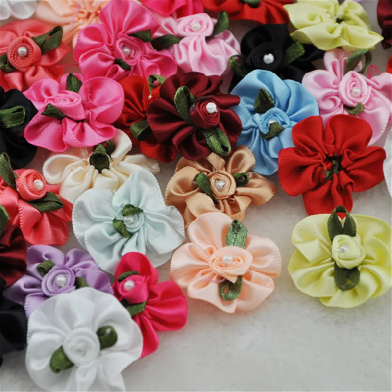 40pcs satin ribbon flowers bows W/pearl wedding/sewing/appliques Lots A01 | Дом и сад