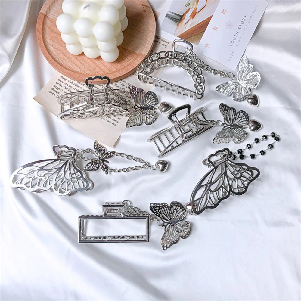 

2020 New Butterfly Pendant Clamp Hollow Out Heart Tassel Hair Clip Korea Vintage Goth Hairpin Women Jewelry Accessories