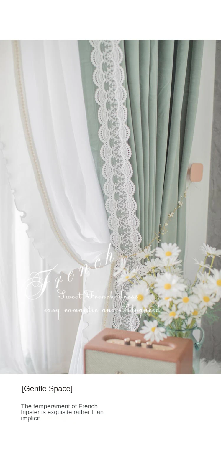 2022 New Avocado Green French Lace Princess Style Curtains Bedroom Living Room Bay Window Shading Curtains Modern and Simple