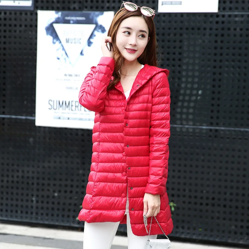 Осенне-зимняя женская куртка на утином пуху, тонкая парка, женское теплое пальто, длинное пальто с капюшоном, большие размеры, ультра легкая верхняя одежда, пальто - Цвет: Красный