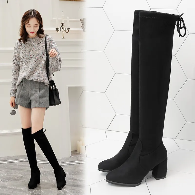 Женские облегающие высокие сапоги; модные черные ботфорты из флока; сапоги на высоком каблуке 7 см; женская зимняя теплая обувь на меху