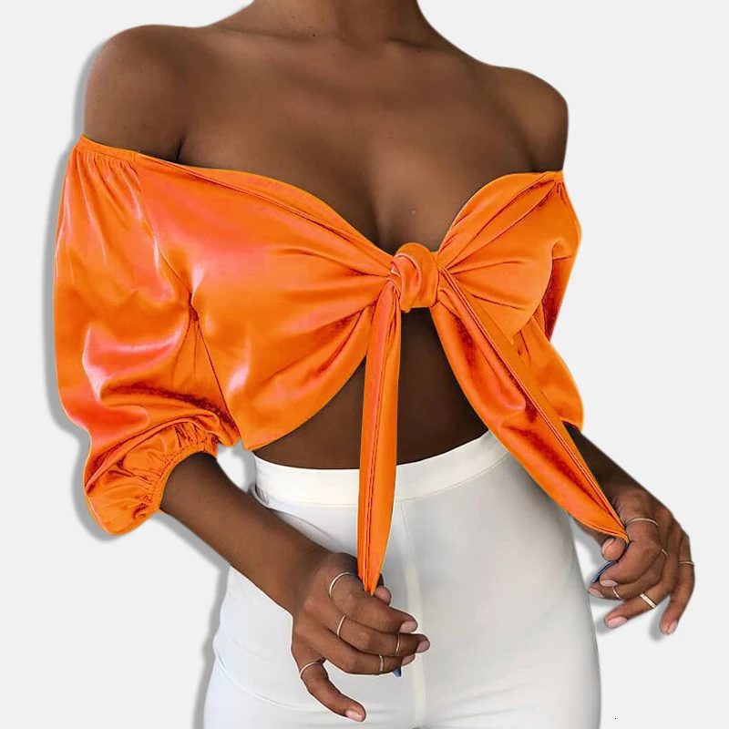 Сексуальный укороченный топ Articat с галстуком-бабочкой, с открытыми плечами, для женщин, половина рукава, на шнуровке, бандаж, обрезанная рубашка, весенние тонкие короткие вечерние топы на бретелях, футболки