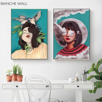 

Cloudy Bird Leaf Girly Abstract Wall Art Posters and Prints Canvas Painting Nordic Decoration Pictures Modern Home Decoration