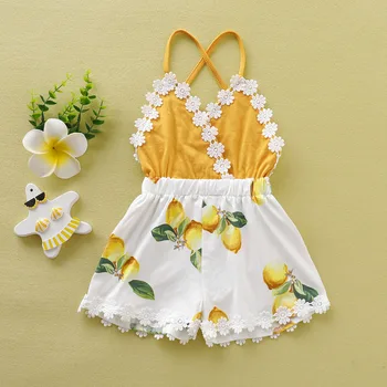 

Toddler Kids Baby Girl Tassel Backless Lace Patchwork Lemon Printed Jumpsuit Fashion Romper Summer Clothes Sunsuit Outfits