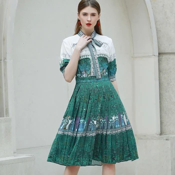 

Red RoosaRosee Designer Women Summer 2020 Bow Collar Green Print Short Sleeve Knee-length Dress Party Dresses Female Vestidos