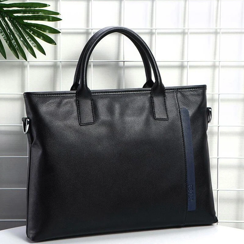 

FGGS-FEGER Men's Genuine Leather Handbag Men Bag Business Tote Bag Slim Laptop Briefcase Male Bags Zipper Bag for Men Black