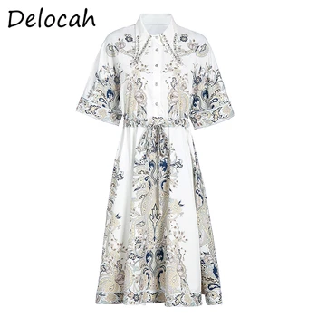 

Delocah Women Summer Fashion Runway Midi Dress Gorgeous Crystal Bow Sashes Vintage Printed Elegant Female ALine Dresses vestidos