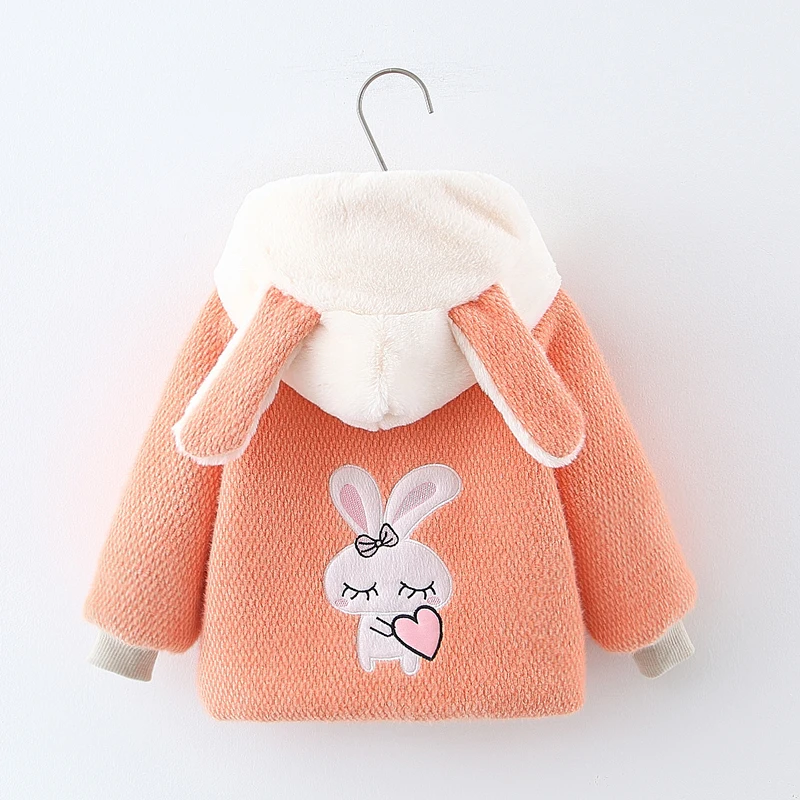 Милые пальто с искусственным мехом для маленьких девочек; куртки; зимняя теплая верхняя одежда с капюшоном и рисунком кролика; топы для новорожденных; одежда - Цвет: orange