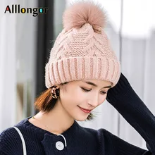 Зимние шапки для женщин, шапка, Осенний плотный теплый шерстяной берет с кроличьим мехом, женские Меховые помпоны gorro inverno de lana mujer