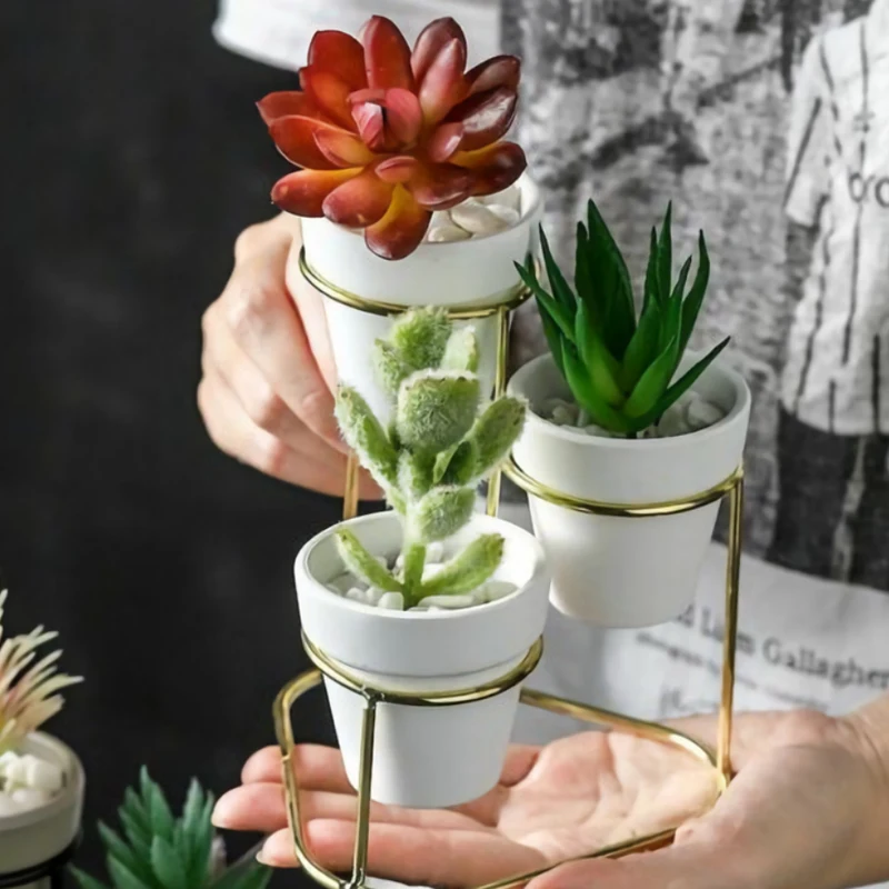 

Nordic Style Iron Flower Pot Rack Round Cement Pot Holder Succulent Planter Pot Garden Flowerpot Vase Set Home Table Decor