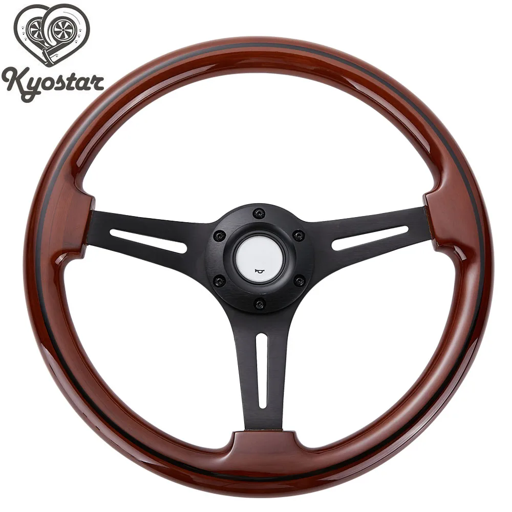14'' Universal Wooden Steering Wheel Wood Grain Trim Silver Chrome Spoke 350mm
