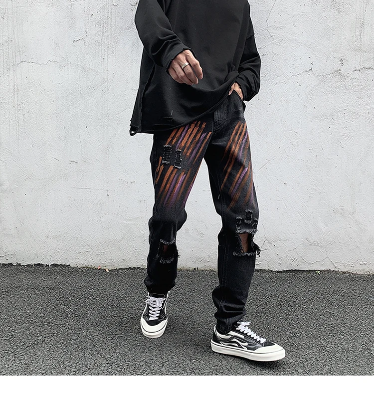 ICCLEK Pants High Street Jeans Ripped Ink-splattered Jeans Men's 2021 New Loose Straight-leg Pants Mens Pants  Streetwear Men