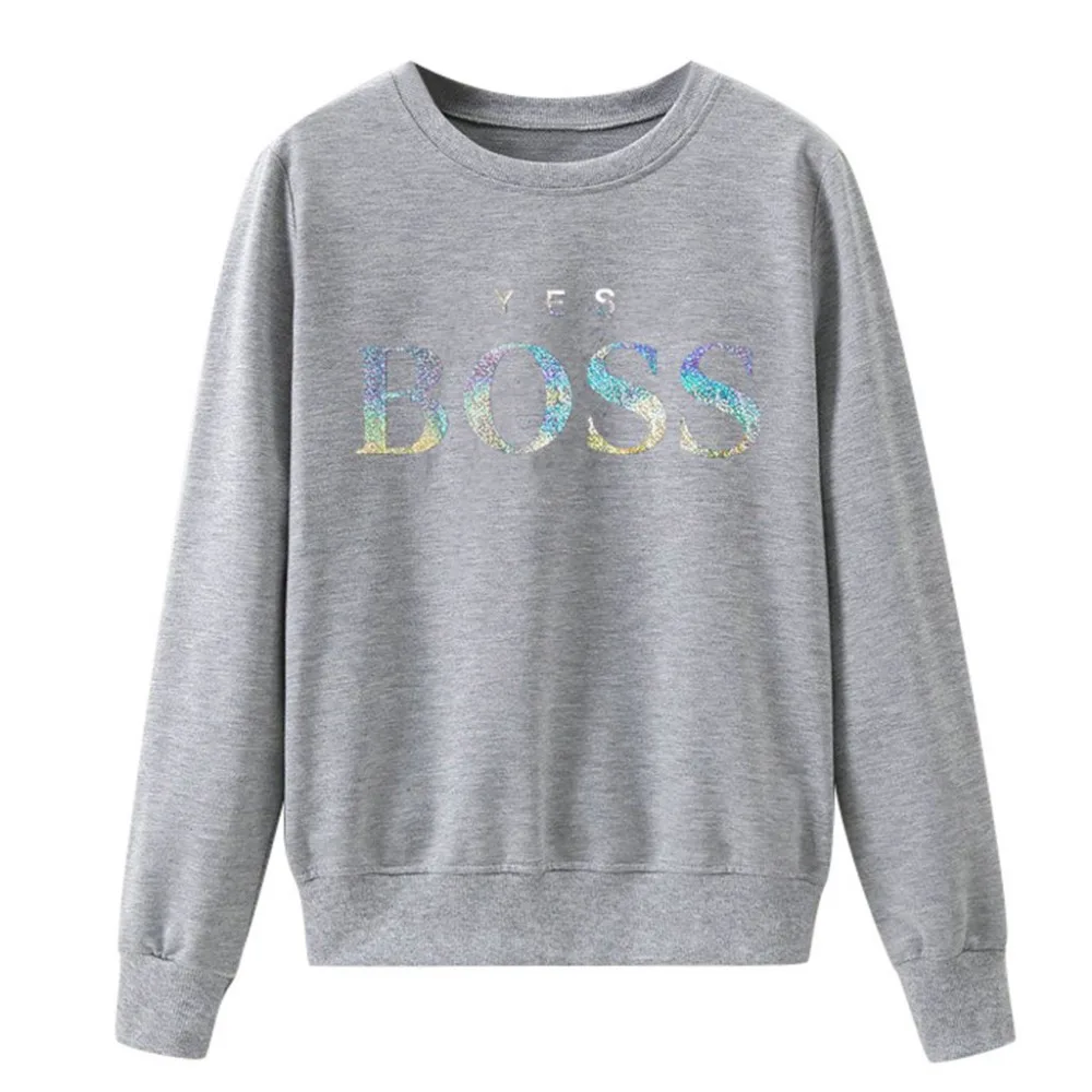 Women Sweatshirt Women Fall Yes Boss Letter Printed Hoodie Sweatshirt Ladies Long Sleeve Pullover Jumper Sudadera Mujer