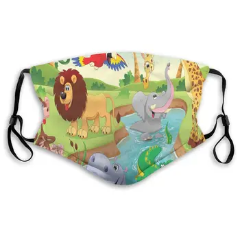 

Mouth Face Mask with Filter, Cartoon Safari Animals Patten For Children Unisex Mouth Face Mask for Adult Kids Washable Reusable