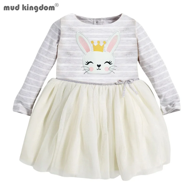 Mudkingdom Little Girl Dresses Cute Rabbit Crown Stripe Floral Tulle Princess Dress for Girls Clothes Long Sleeve Clothing | Детская