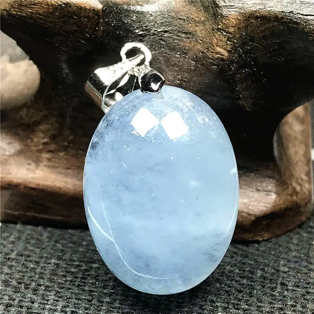

100% Natural Blue Aquamarine Beads Pendant For Woman Man Crystal 19x14x9mm Oval Bead Stone Silver Necklace Pendant Jewelry AAAAA