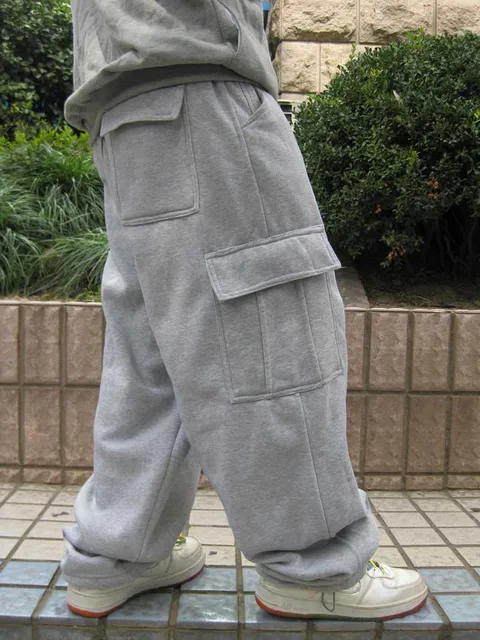 Plus Size Hip Hop Joggers Sweatpants for Men and Women Streetwear Big Pocket Cargo Pants Casual Straight Loose Baggy Trousers Light Gray