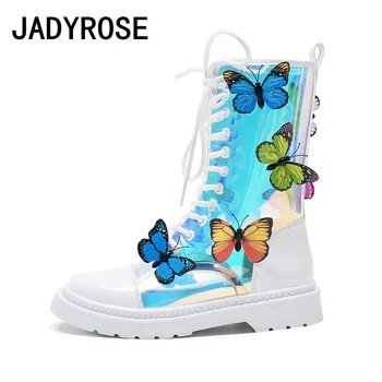 

Women Transparent Magic Color Butterfly Short Boots White Leather Flats Chelsea Botas Lace Up Knight Booties Casual Botines Shoe