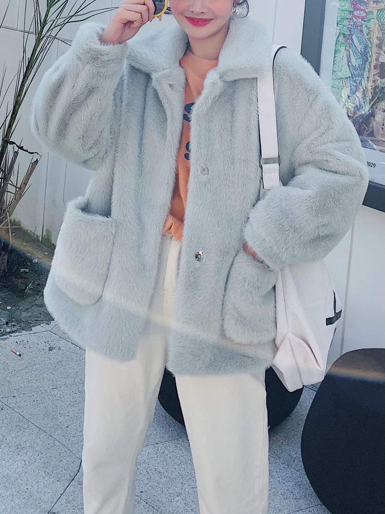 Korean Style Cute Pink Fake Mink Fur Jacket Coat Women Winter Thicken Warm Overcoat Fashion Street Shaggy Faux Fur Overwear
