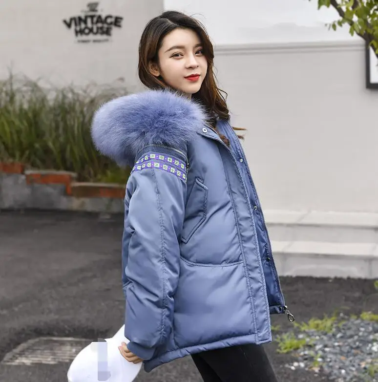 Синий Women's new winter down jacket female students medium-long thick loose jacket female down parka women big fake Fur collar - Цвет: Синий