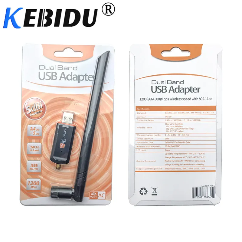 Kebidu 1200 Мбит/с приемник сетевой карты USB 3,0 с антенной беспроводной Wifi адаптер двухдиапазонный для настольного ноутбука 802.11ac стандарт