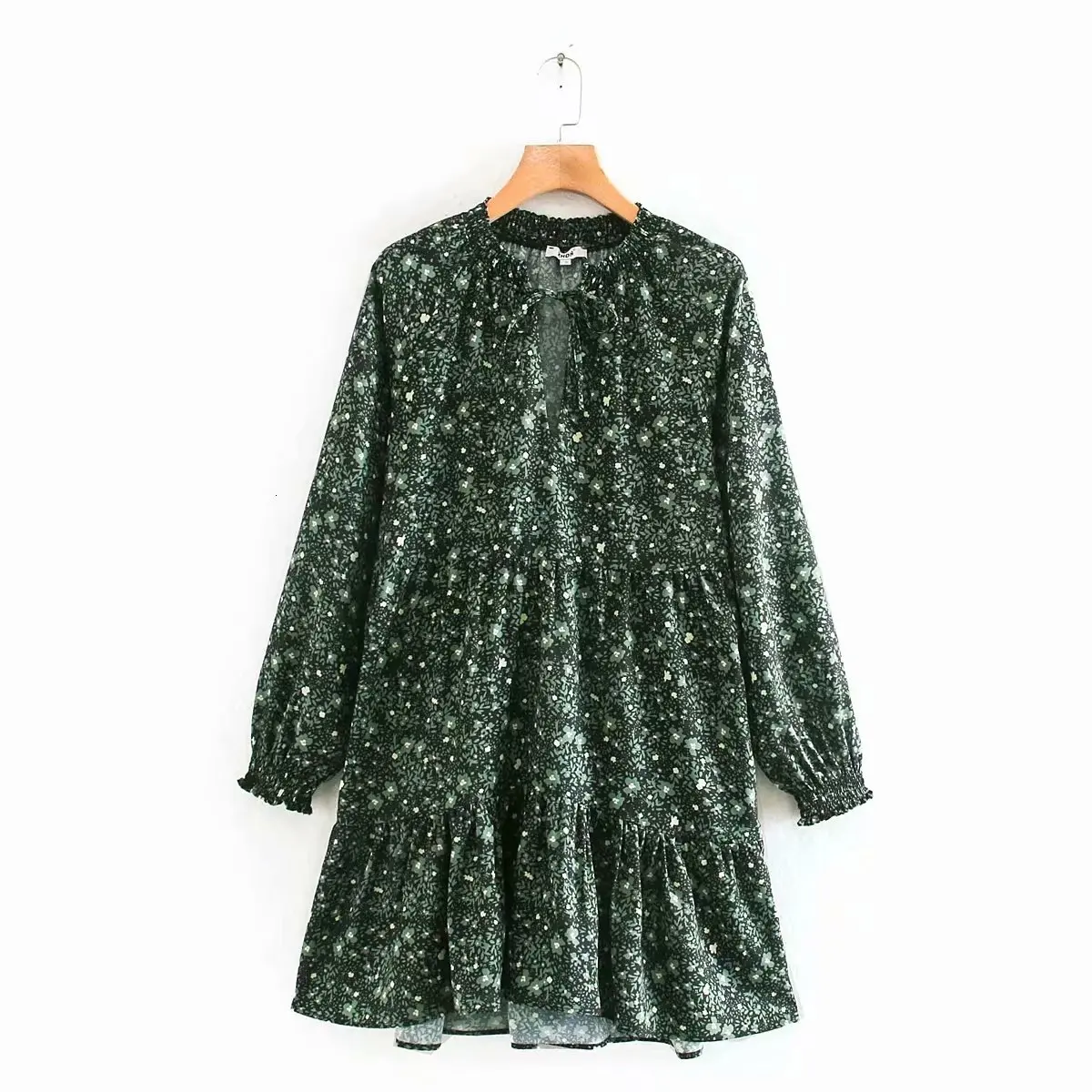 Весенние блузки с цветочным принтом, платье для женщин, мини-платье с оборками, длинным рукавом и v-образным вырезом - Цвет: green