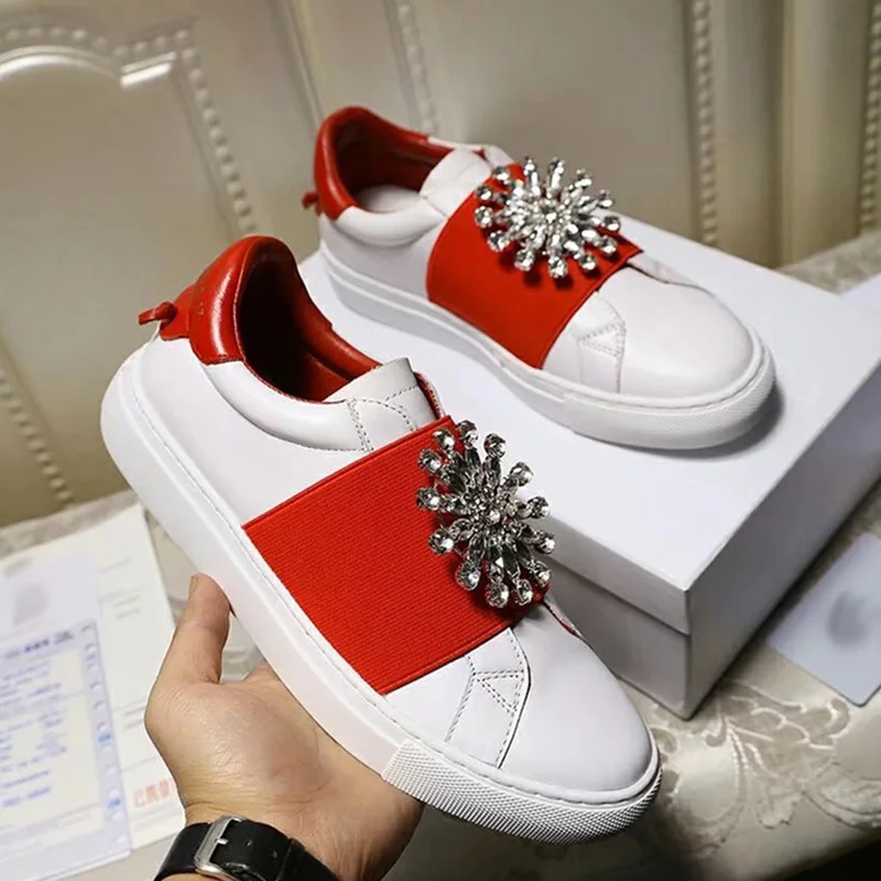 Casual Shoe Hot Brand Designer Leather Woman Shoes Bling Crystal Embellished Woman Sneakers Slip On Mixed Color Flats Women