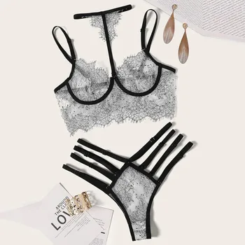 

Cost-effective Women's Bra Set Lace Solid Black Silver Lingerie Erotic Babydoll LAdy Underwear+Briefs Set Women's Underwear Sets