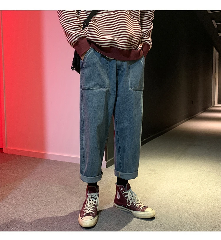 Уличные свободные прямые корейские джинсы мужские хип-хоп Уличная мода мужские джинсы ретро уличные хлопковые мужские брюки длиной до щиколотки джинсы