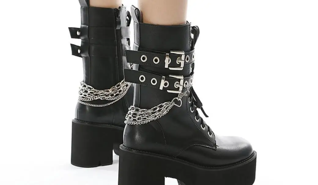 New Women's Boots Fashion Genuine Leather Ankle Boots Thick Heel High Heels Shoes Woman Female Metal chain Boots Spring Large