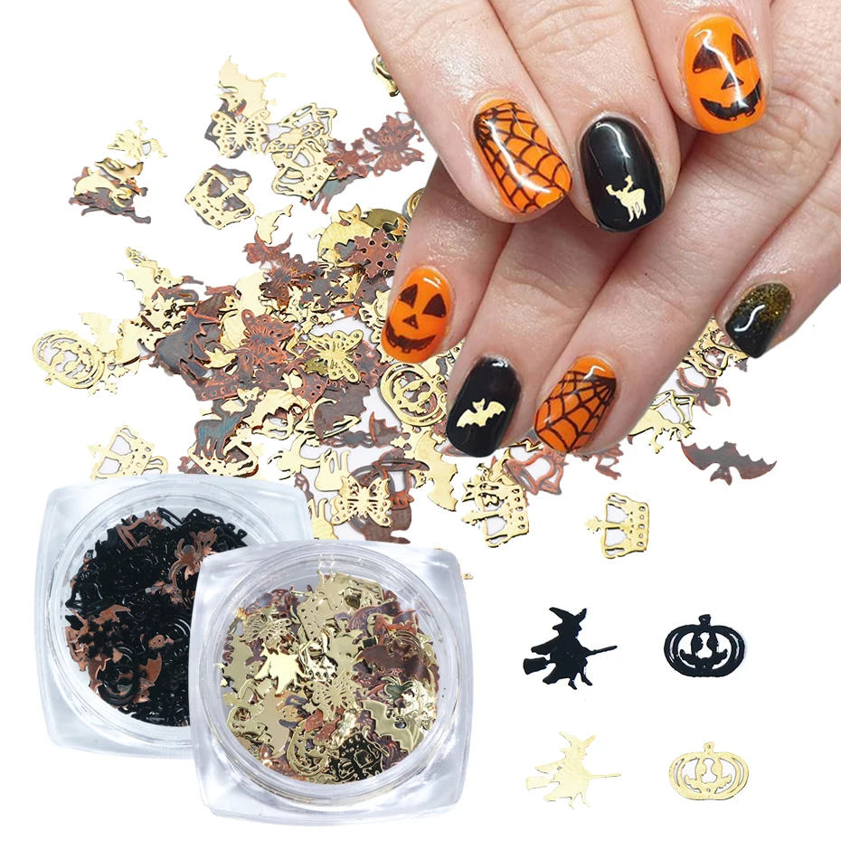 1 Box Halloween Witch Nail Art Decorations Gold Black Metal Fake Nail Christmas Snowflake Accessories All For Manicure Le1034 1 Rhinestones Decorations Aliexpress