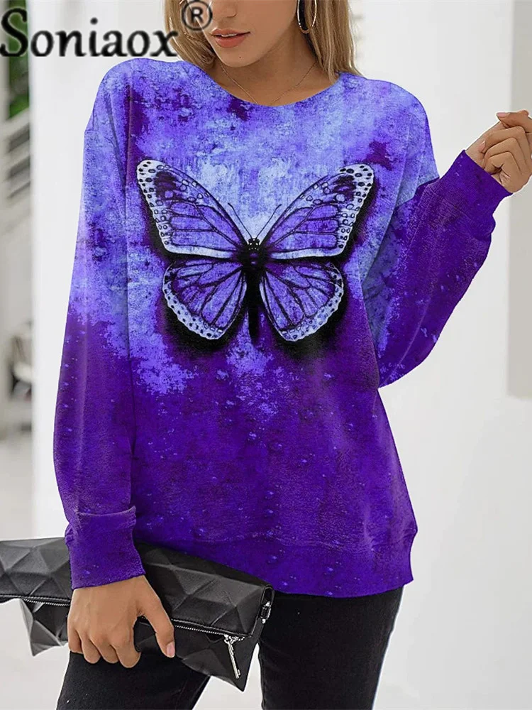 Butterfly Print Sweatshirts Women Long Sleeve O-Neck Tops 2021 Autumn New Sweatshirt Casual Female Loose Street Hoodies Pullover cgc 2021 autumn woman hoodies casual kawaii cartoon print sweatshirts long sleeve tops oversize itself korean female anime hoody