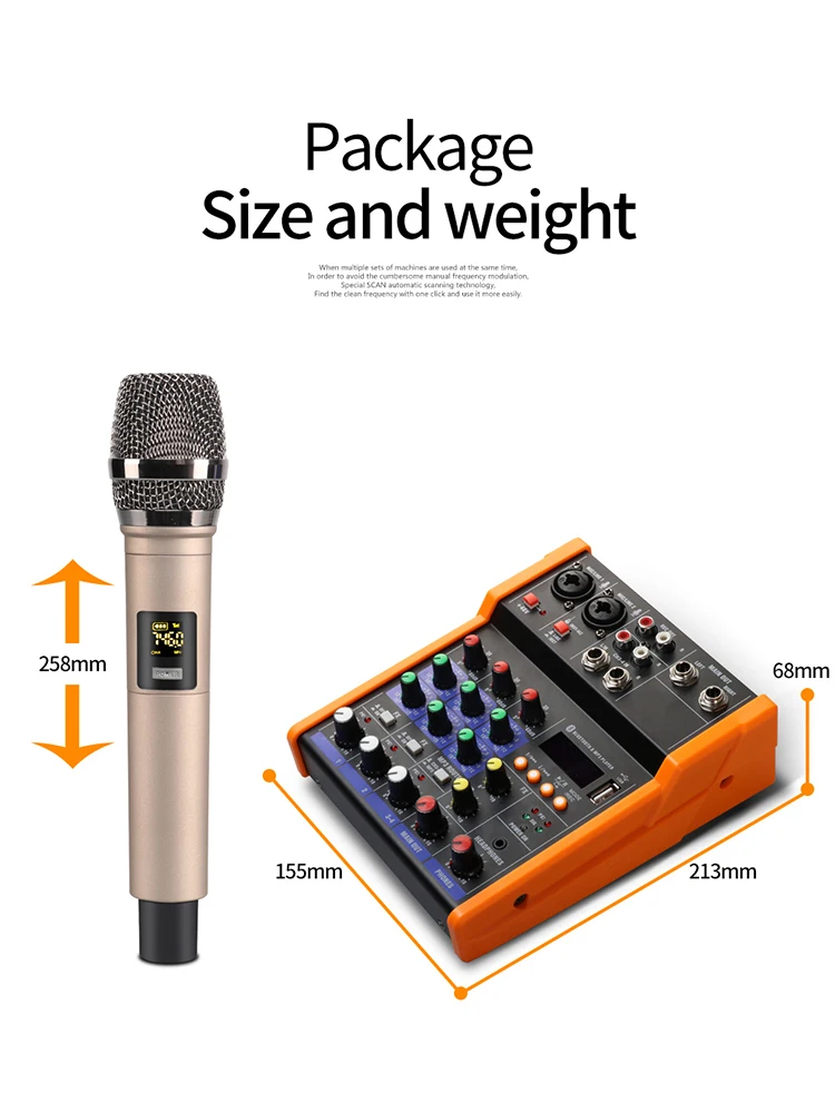 TKL 4Channels Audio Mixer with UHF microphone Sound Mixing REC Bluetooth USB Record 48V Phantom Power DJ Mixer